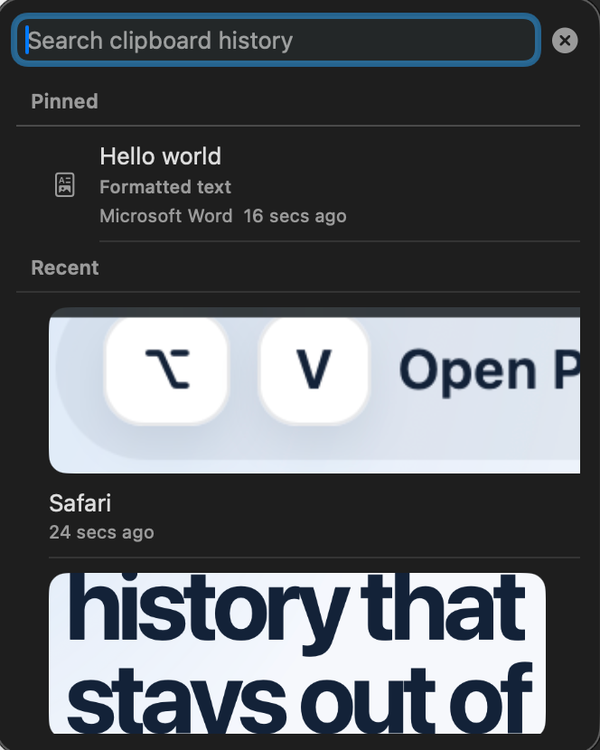 PasteOptions showing pinned and recent clipboard items